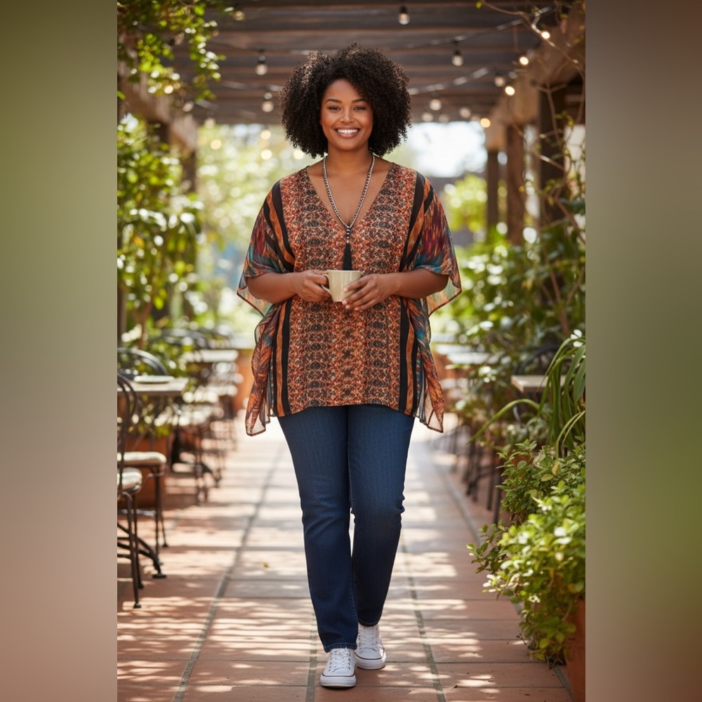 NY Collection Bohemian Style Blouse with Built in Removable “Necklace” - Picture 3 of 13
